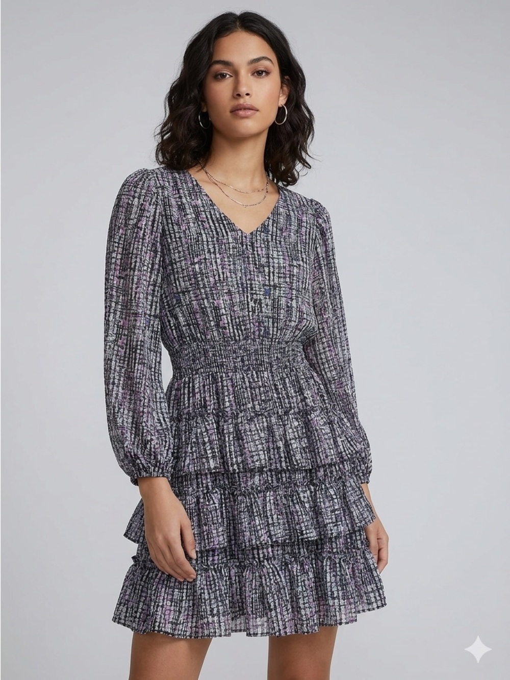 Express Smocked Tiered Ruffle Mini Dress Purple Black Print Size S